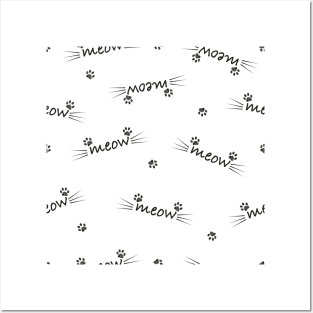 Meow text with doodle cat paw print Posters and Art